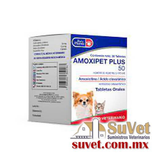 AMOXIPET PLUS caja con 30 tabletas de 50 mg - SUVET