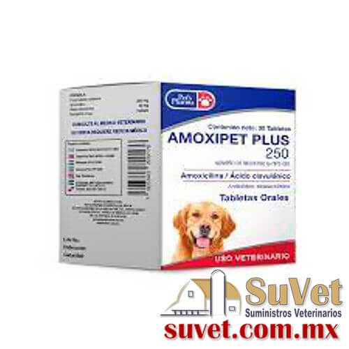 AMOXIPET PLUS caja con 30 tabletas de 250 mg - SUVET