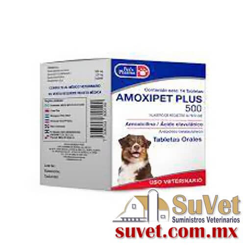 AMOXIPET PLUS caja con 14 tabletas de 500 mg - SUVET